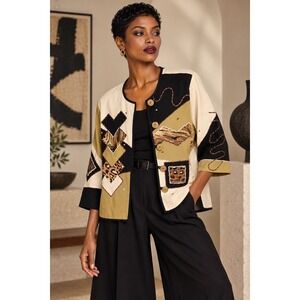 Indigo Moon Womens Large Embellished Patchwork Art Jacket Cotton Linen Blend